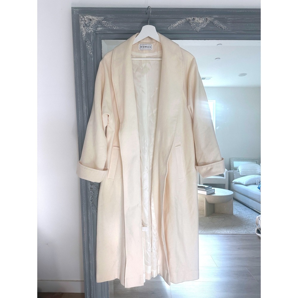 Dumas Vintage 100% Pure Wool Long Trench Coat Cream Shawl Collar Open Front L